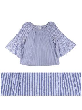 Blue and White Striped Seersucker Peasant Tunic w Bell Sleeves Medium